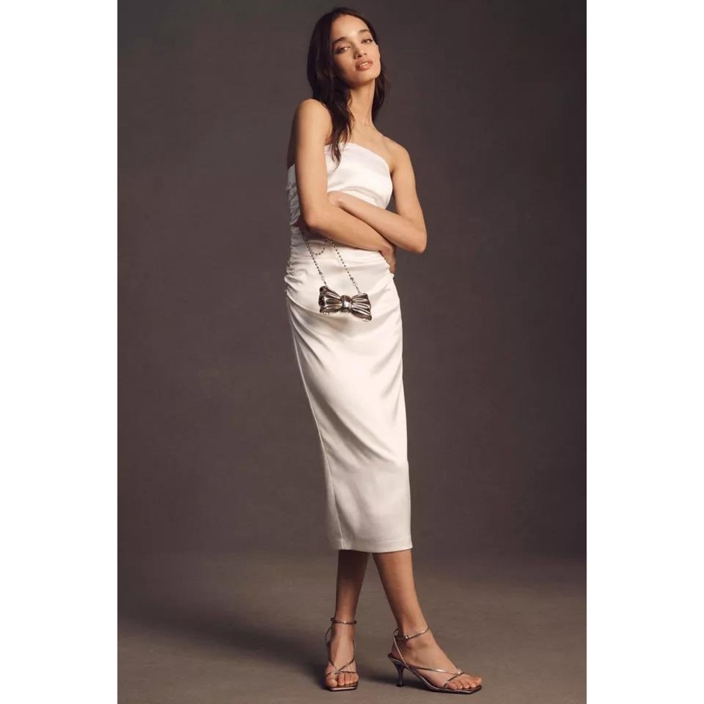 BHLDN Anthropologie Sandy Creme Ruched Strapless Satin Midi Dress Size M NEW